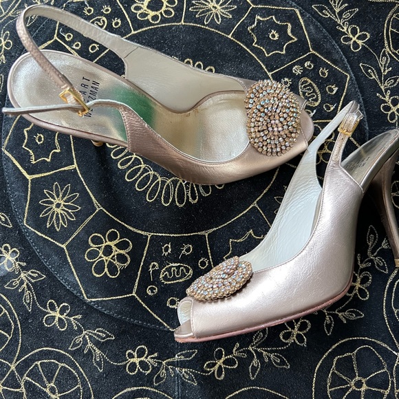 Stuart Weitzman 7 Rhinestone Heels Bronze Slingback Leather Shoes Metallic - Picture 7 of 15